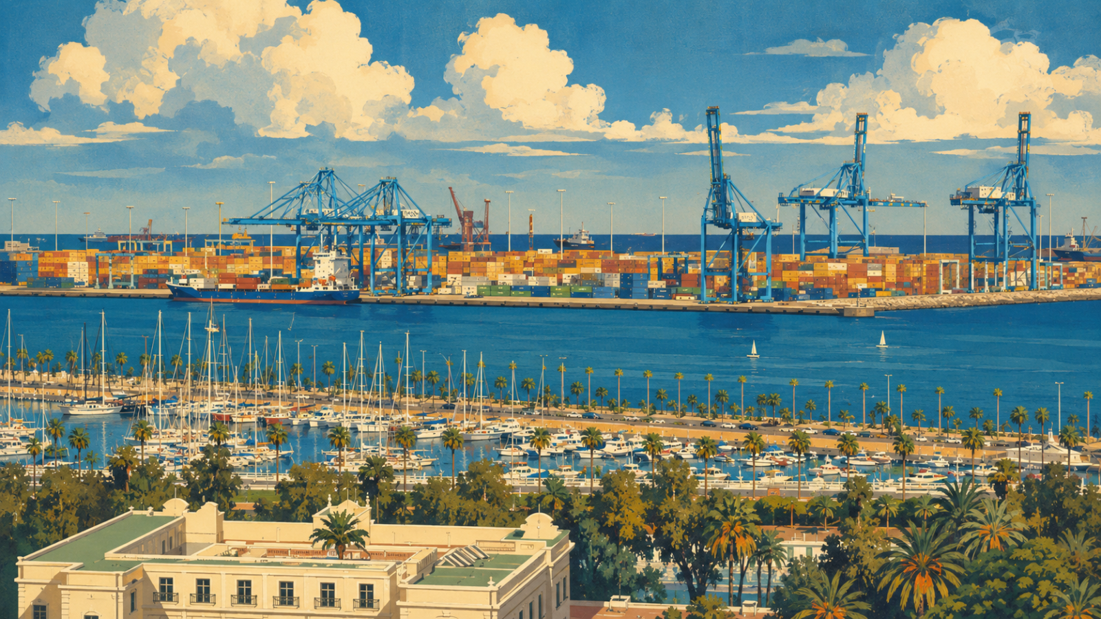 Yachtahfen Las Palmas Muelle Deportivo mit Containerhafen im Hintergrund
