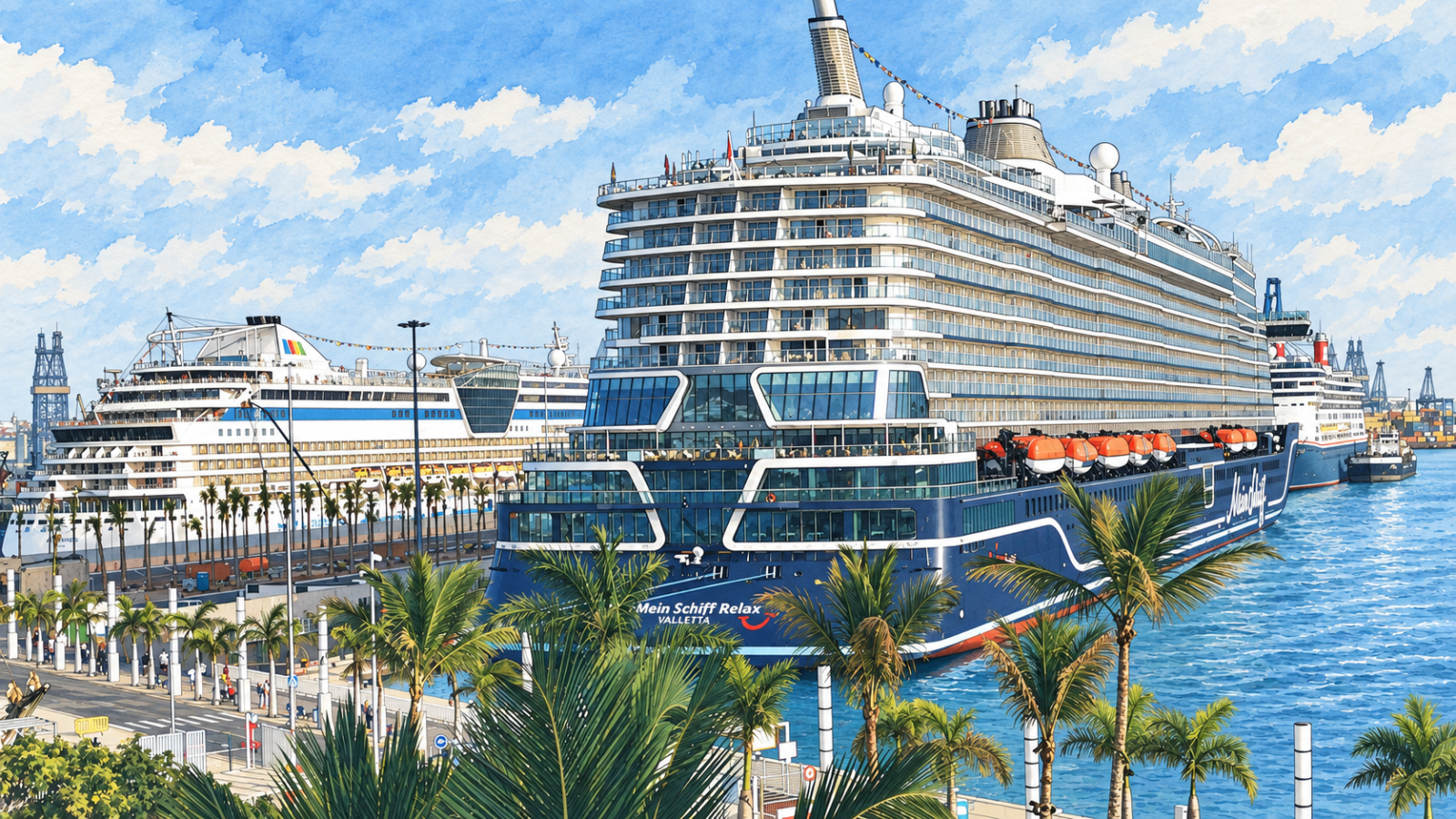 Kreuzfahrtschiffe "AIDA" und "Mein Schiff" an der Muelle Santa Catalina im Kreuzfahrthafen Las Palmas de Gran Canaria