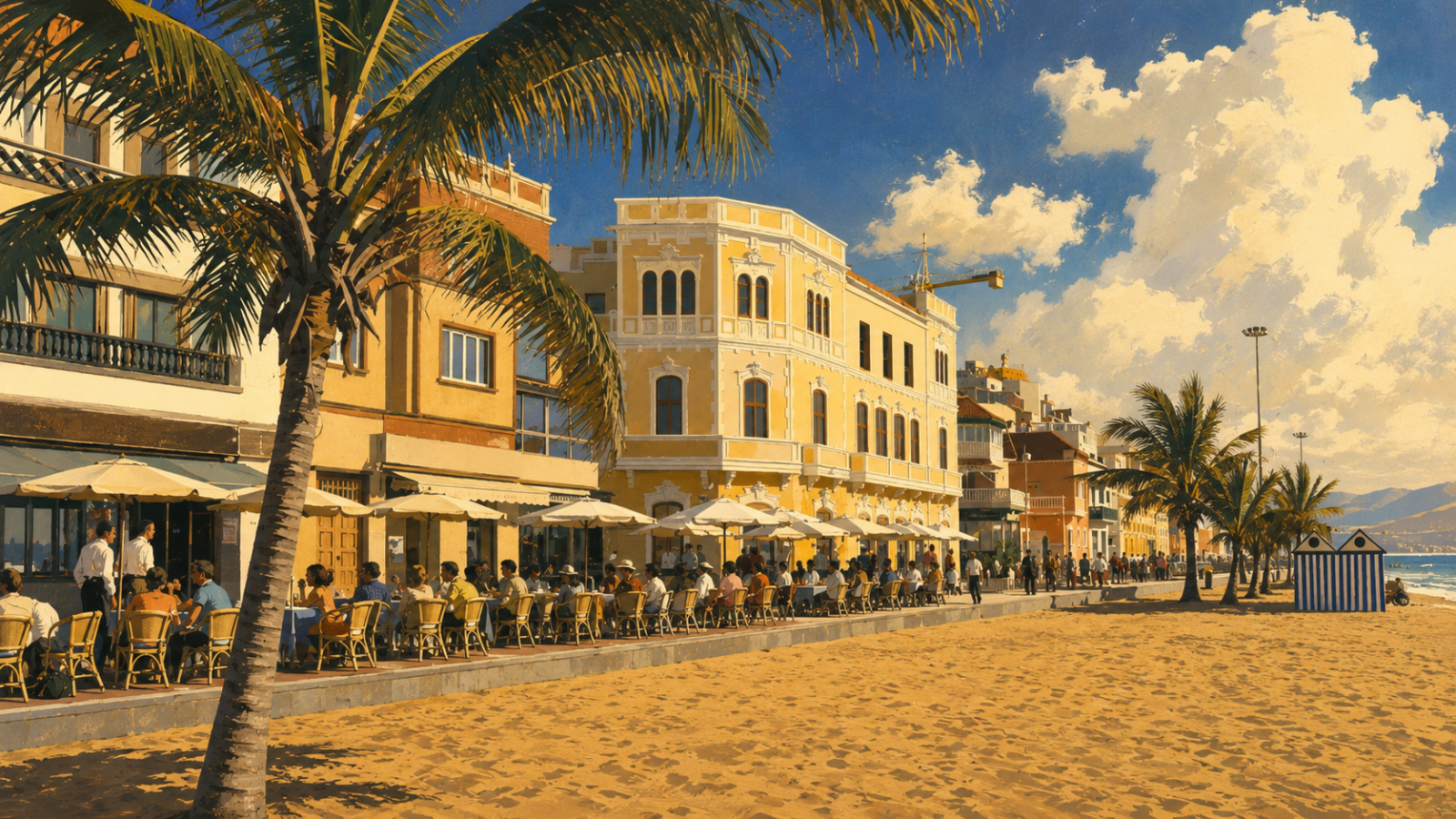 Palmengesäumte Strandpromenade Paseo de Las Canteras mit Hotelfassaden in Las Palmas