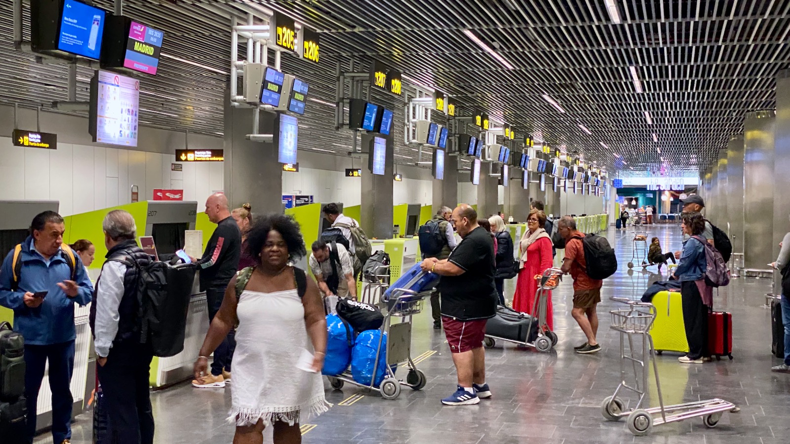 Airline check-in desks in the departures hall at Gran Canaria Airport