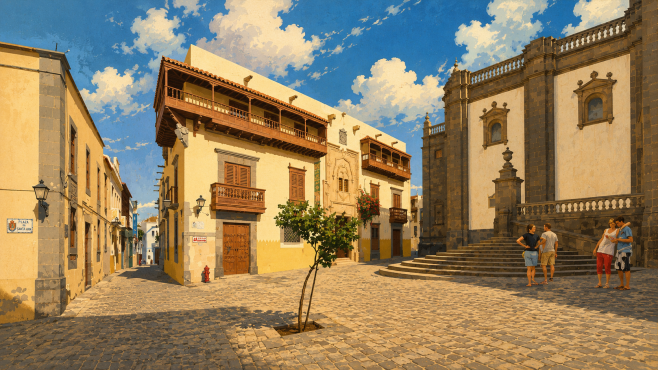 Kolonialfassade der Casa de Colón mit geschnitzten Balkonen in Las Palmas
