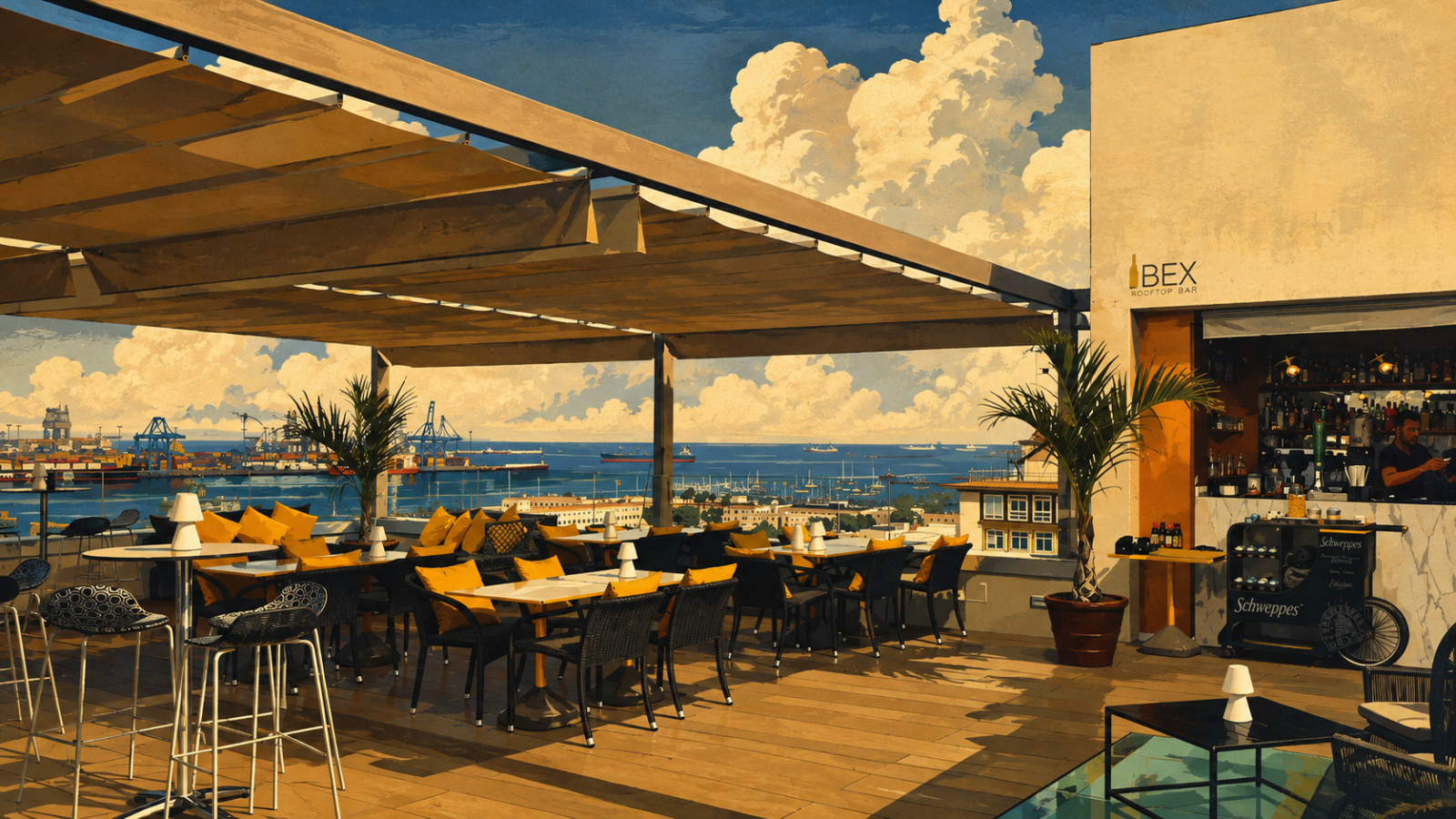 Loungebereich der Ibex Rooftop Bar auf dem Dach des Design Plus Bex Hotels mit Blick auf Las Palmas
