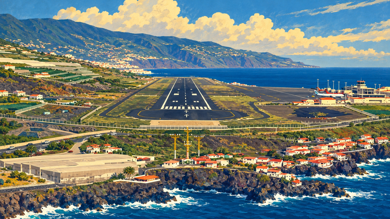 Flugzeugperspektive im Anflug auf die Küstenpiste des Inselflughafens La Palma mit Blick auf den Atlantik
