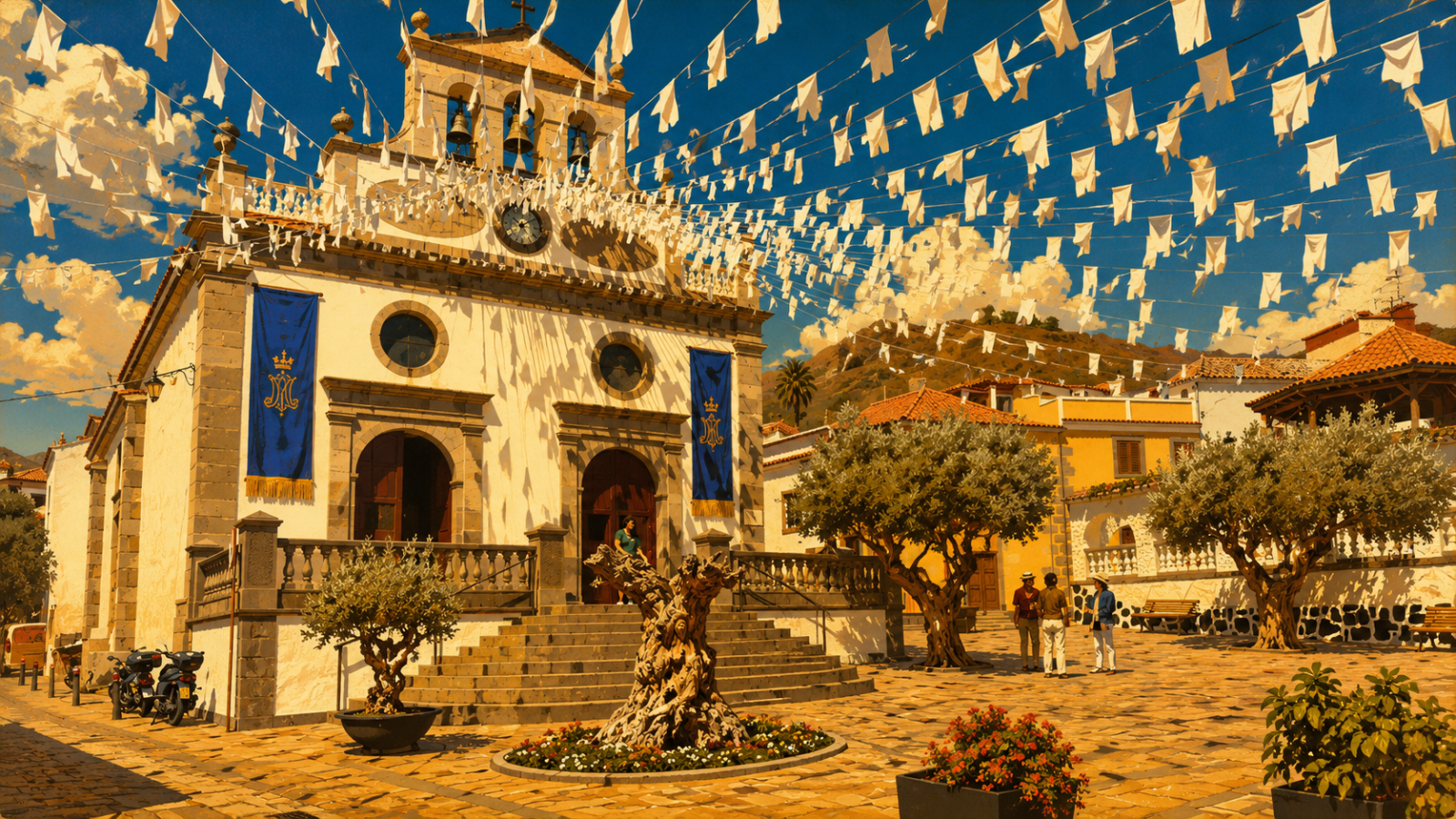 Kirchplatz in Vega de San Mateo mit Festschmuck