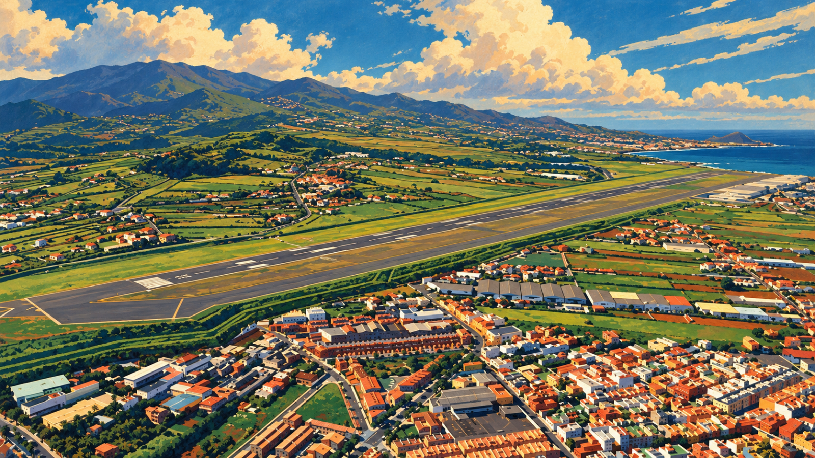 Blick aus der Vogelperspektive auf den Flughafen Teneriffa Nord bei La Laguna