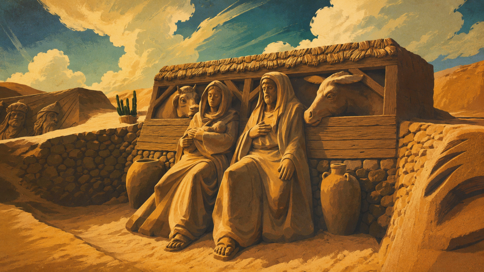 Weihnachtskrippe aus Sand am Strand Las Canteras in Las Palmas de Gran Canaria