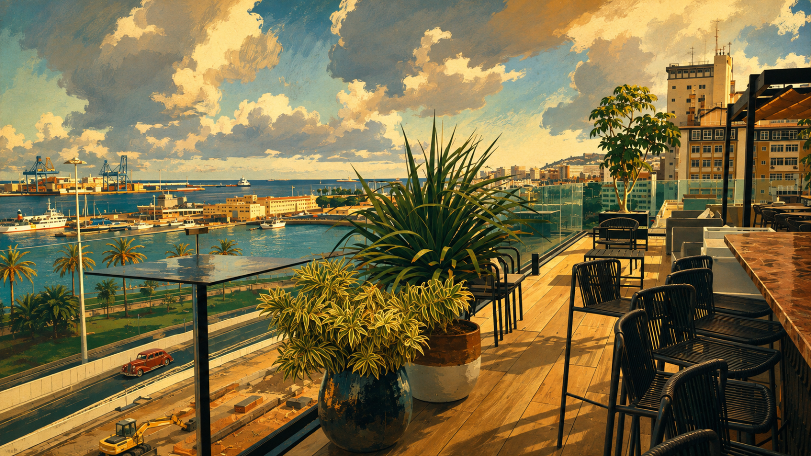 Poolbereich der Sky Bar Lumm auf dem Dach des Hotel LIVVO Lumm mit Blick auf die Bucht von Las Palmas